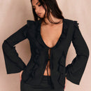 Blusa con manga acampanada, cuello con volantes y lazada en el frente, para salir, parte superior otonal, blusas bonitas para mujer de manga larga, regreso a la escuela, salida, atuendos otonales, camisas otonales