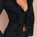 Blusa con manga acampanada, cuello con volantes y lazada en el frente, para salir, parte superior otonal, blusas bonitas para mujer de manga larga, regreso a la escuela, salida, atuendos otonales, camisas otonales