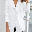 Camisa blanca elegante y sencilla de moda para mujer con escote en V y cuello ajustado con volantes