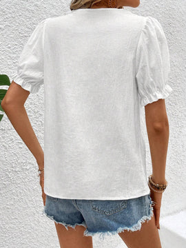 Camisa simple de manga corta para mujer con decoracion de bordado floral para uso diario
