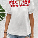 Camisa simple de manga corta para mujer con decoracion de bordado floral para uso diario