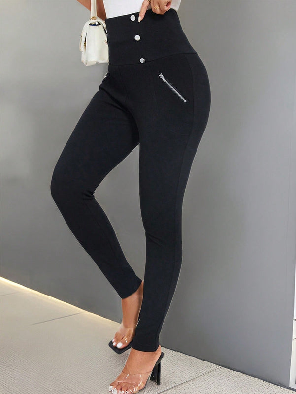 PETITE Leggings negros de cintura alta y detalles de botones elasticos