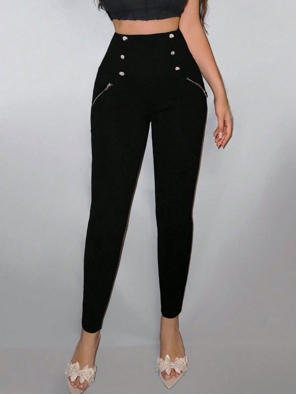 PETITE Leggings negros de cintura alta y detalles de botones elasticos