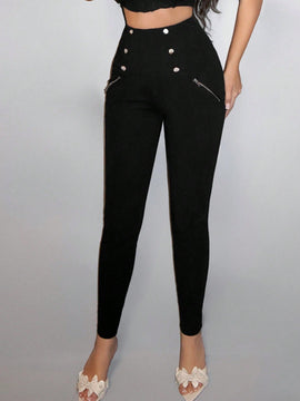 PETITE Leggings negros de cintura alta y detalles de botones elasticos