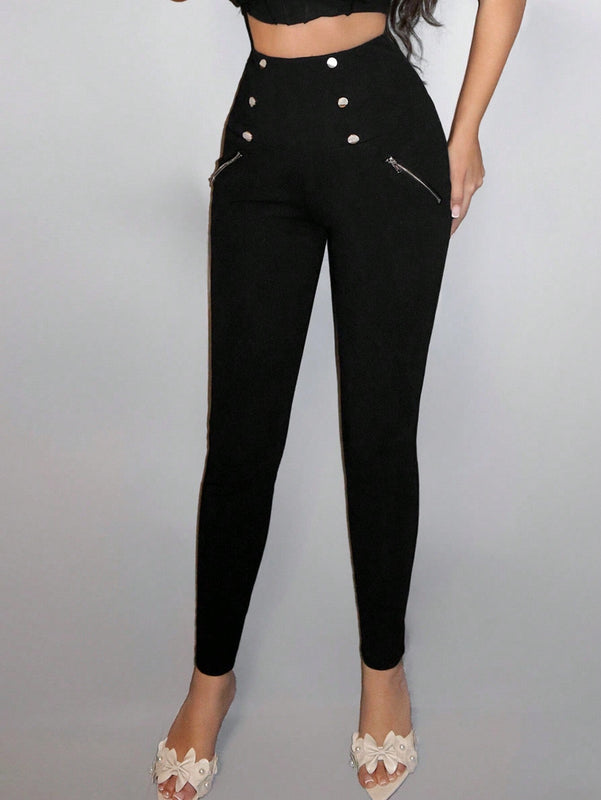 PETITE Leggings negros de cintura alta y detalles de botones elasticos