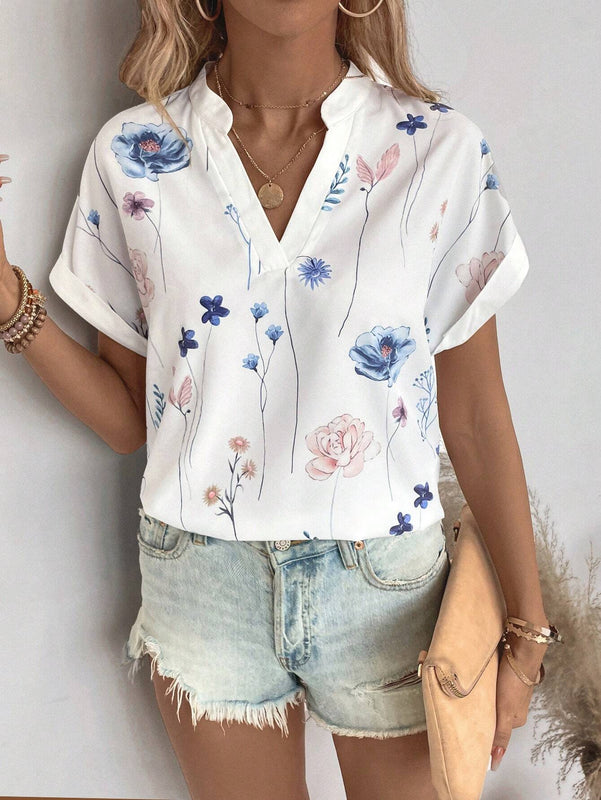 Camisa de manga murcielago con cuello de solapa y estampado floral casual de verano para mujer