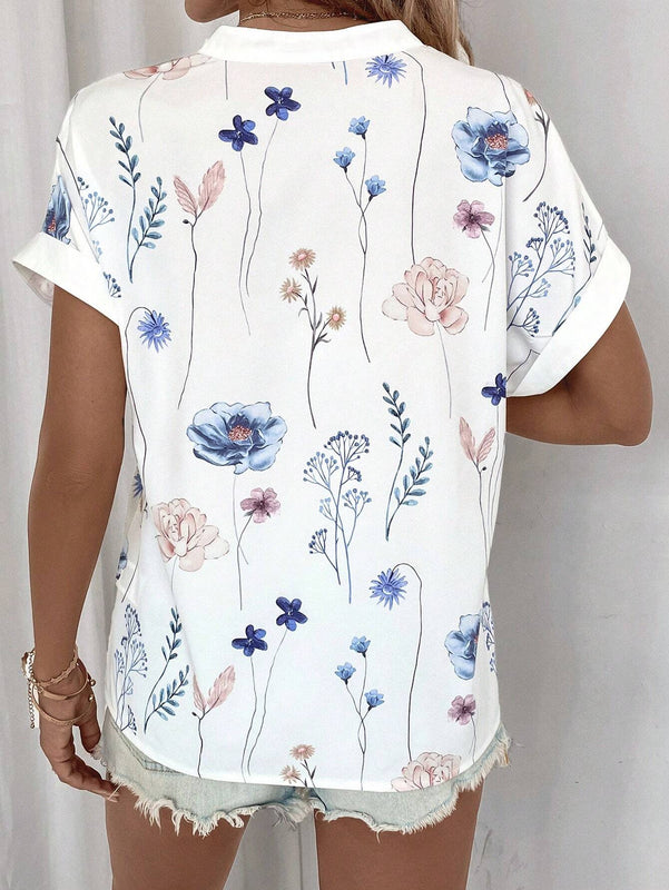 Camisa de manga murcielago con cuello de solapa y estampado floral casual de verano para mujer