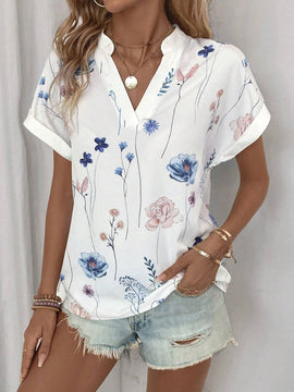 Camisa de manga murcielago con cuello de solapa y estampado floral casual de verano para mujer