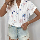 Camisa de manga murcielago con cuello de solapa y estampado floral casual de verano para mujer