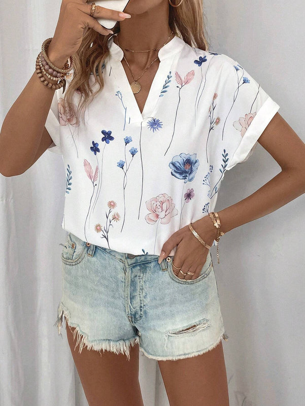 Camisa de manga murcielago con cuello de solapa y estampado floral casual de verano para mujer