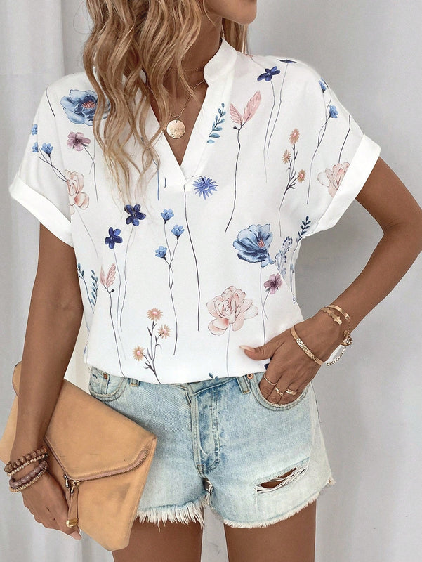 Camisa de manga murcielago con cuello de solapa y estampado floral casual de verano para mujer