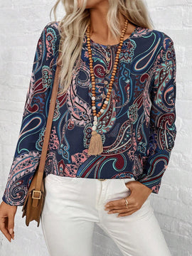 Camisa casual de vacaciones para mujeres con cuello redondo, mangas largas y estampado de cachemira impreso