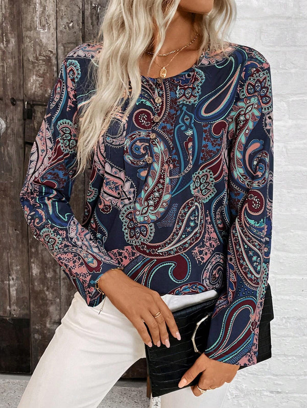 Camisa casual de vacaciones para mujeres con cuello redondo, mangas largas y estampado de cachemira impreso