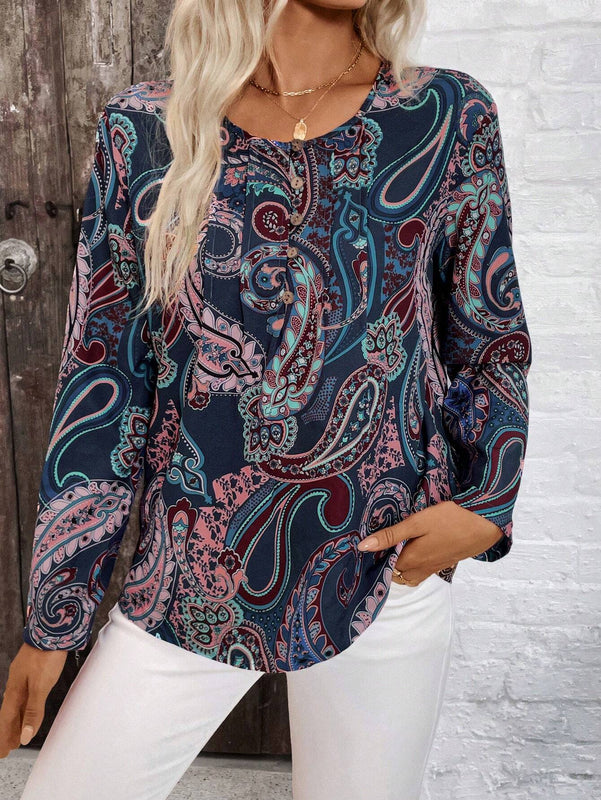 Camisa casual de vacaciones para mujeres con cuello redondo, mangas largas y estampado de cachemira impreso