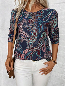 Camisa casual de vacaciones para mujeres con cuello redondo, mangas largas y estampado de cachemira impreso