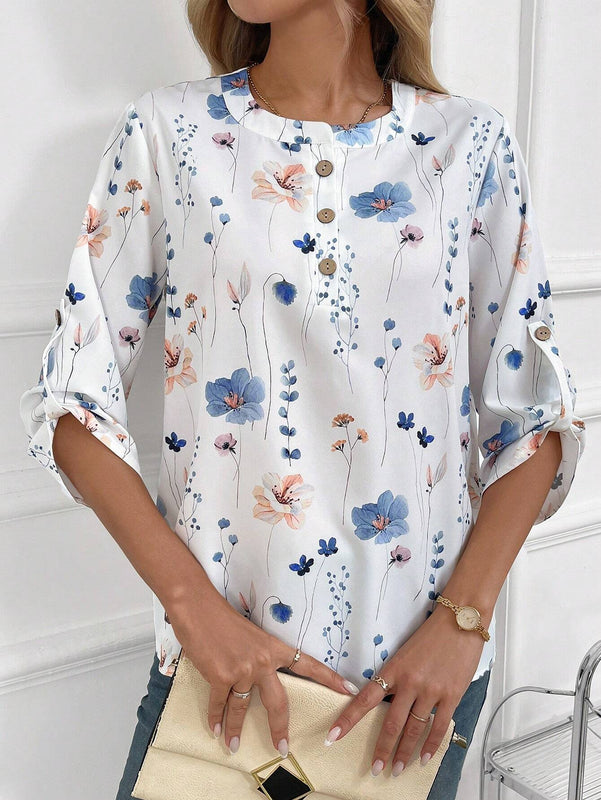 EMERY ROSE Blusa con estampado floral, media botonadura y mangas enrolladas con pestana