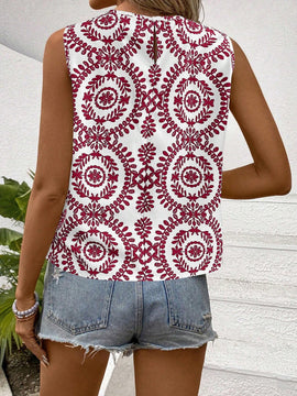 Camisa sin mangas de cuello halter con estampado de plantas al estilo frances para vacaciones (corte al azar)