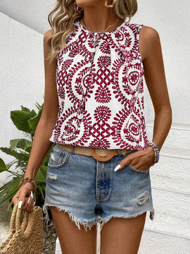 Camisa sin mangas de cuello halter con estampado de plantas al estilo frances para vacaciones (corte al azar)