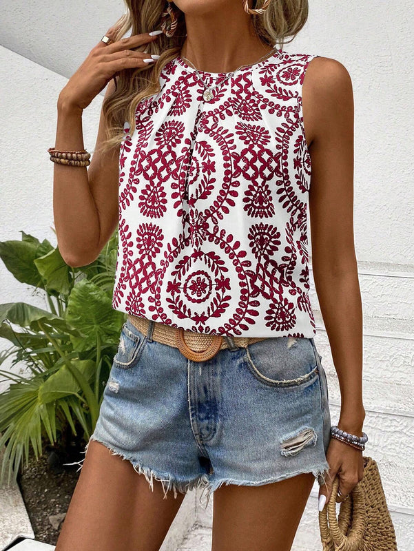 Camisa sin mangas de cuello halter con estampado de plantas al estilo frances para vacaciones (corte al azar)