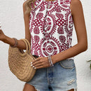 Camisa sin mangas de cuello halter con estampado de plantas al estilo frances para vacaciones (corte al azar)