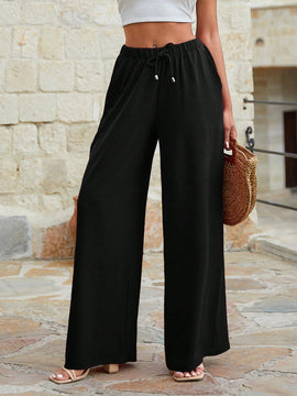 Mujeres pantalones rojos palazzo de pierna ancha con cintura elastica 339