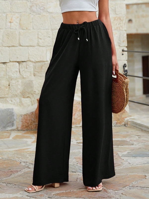 Mujeres pantalones rojos palazzo de pierna ancha con cintura elastica 339