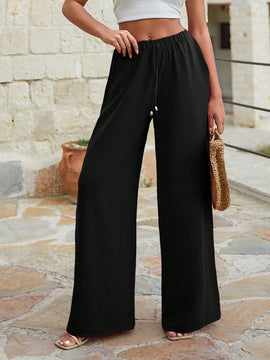 Mujeres pantalones rojos palazzo de pierna ancha con cintura elastica 339