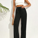 Pantalones casuales largos con textura de pliegues, pierna ancha y decoracion de cordon de ajuste