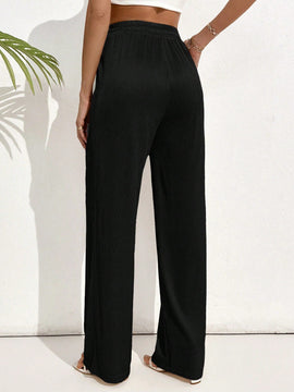 Pantalones casuales largos con textura de pliegues, pierna ancha y decoracion de cordon de ajuste