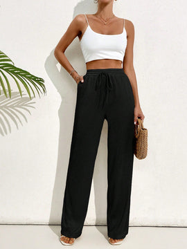 Pantalones casuales largos con textura de pliegues, pierna ancha y decoracion de cordon de ajuste