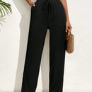 Pantalones casuales largos con textura de pliegues, pierna ancha y decoracion de cordon de ajuste
