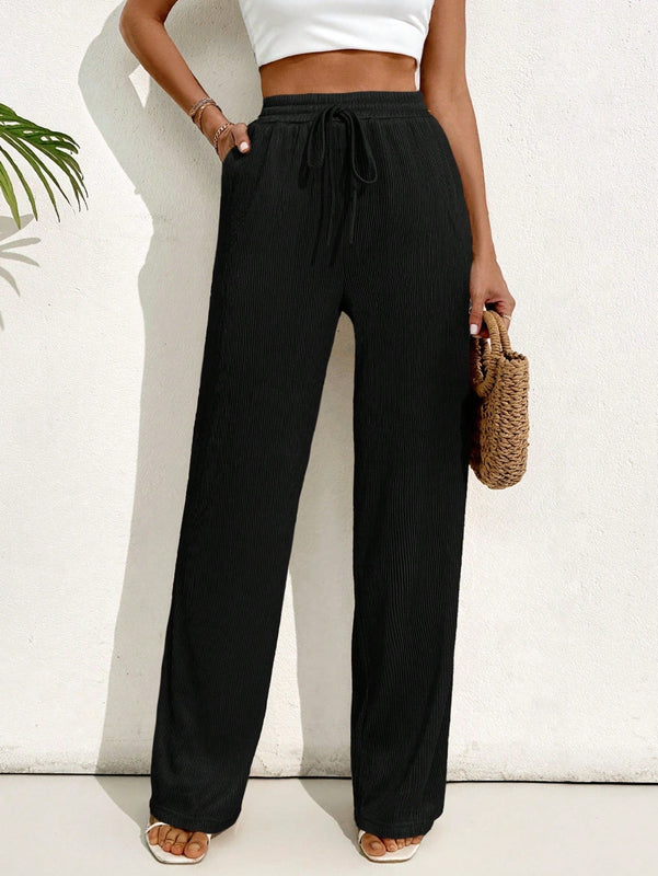 Pantalones casuales largos con textura de pliegues, pierna ancha y decoracion de cordon de ajuste