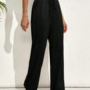 Pantalones casuales largos con textura de pliegues, pierna ancha y decoracion de cordon de ajuste