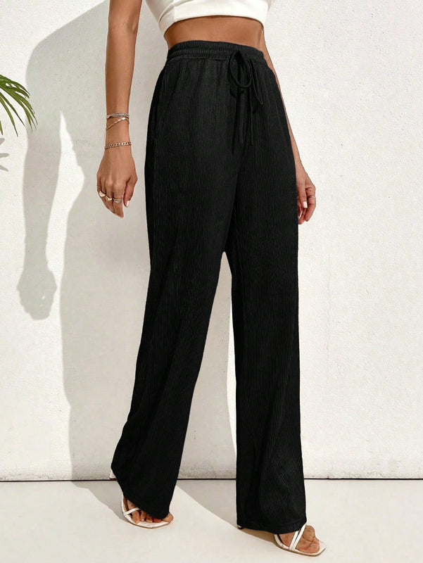 Pantalones casuales largos con textura de pliegues, pierna ancha y decoracion de cordon de ajuste