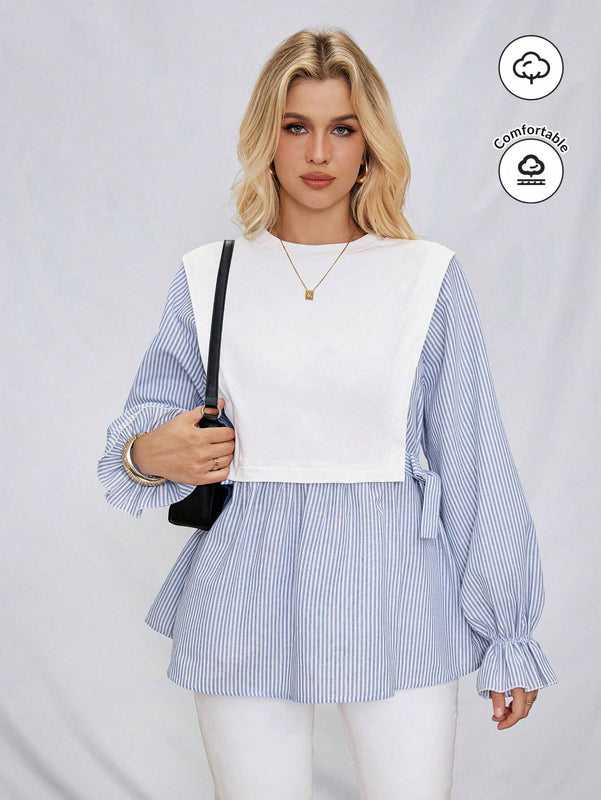 Camisa informal de rayas azules y blancas de mujer para otono/invierno con lazo en la cintura lateral y punos elasticos