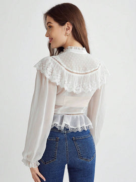 Enchnt Blusa de manga murcielago con ribete de volantes de encaje contrastante y peplum sin sujetador