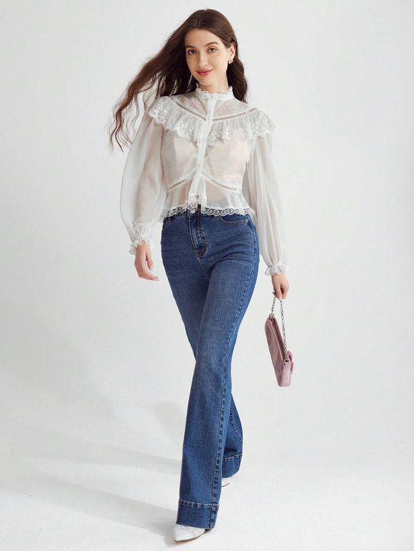 Enchnt Blusa de manga murcielago con ribete de volantes de encaje contrastante y peplum sin sujetador