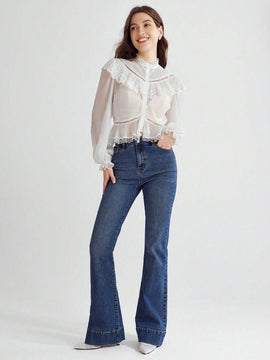 Enchnt Blusa de manga murcielago con ribete de volantes de encaje contrastante y peplum sin sujetador