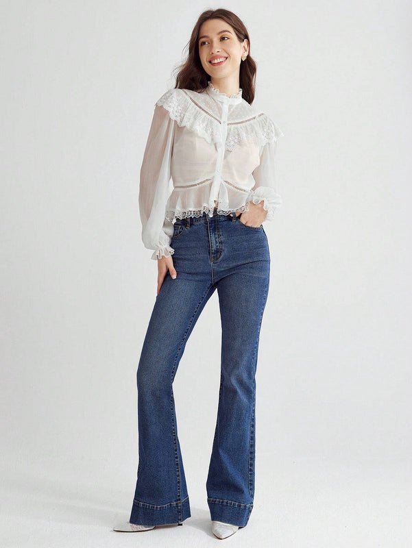 Enchnt Blusa de manga murcielago con ribete de volantes de encaje contrastante y peplum sin sujetador