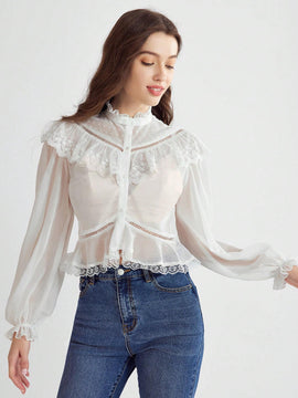 Enchnt Blusa de manga murcielago con ribete de volantes de encaje contrastante y peplum sin sujetador