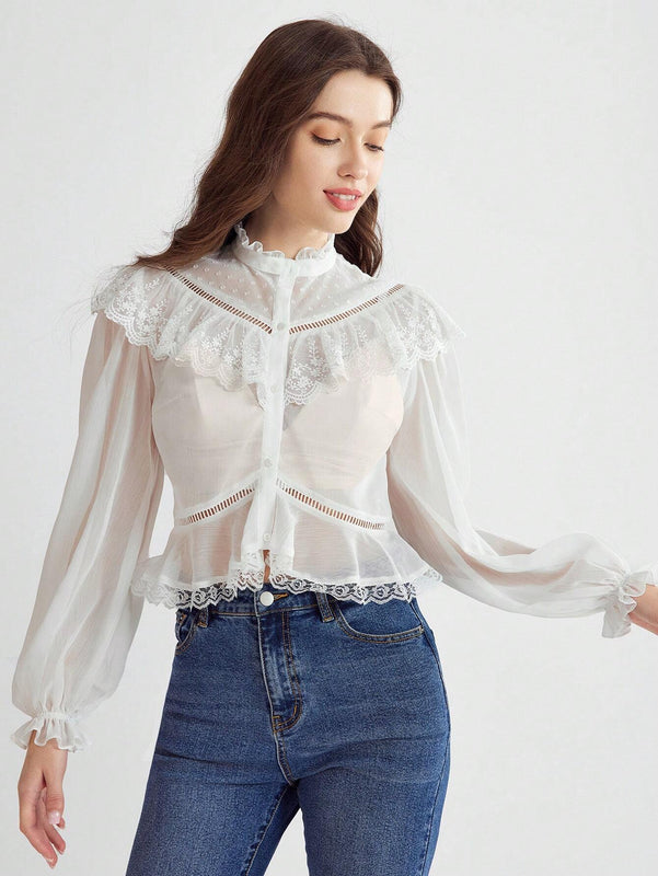 Enchnt Blusa de manga murcielago con ribete de volantes de encaje contrastante y peplum sin sujetador