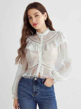 Enchnt Blusa de manga murcielago con ribete de volantes de encaje contrastante y peplum sin sujetador