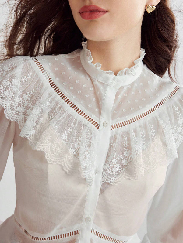 Enchnt Blusa de manga murcielago con ribete de volantes de encaje contrastante y peplum sin sujetador