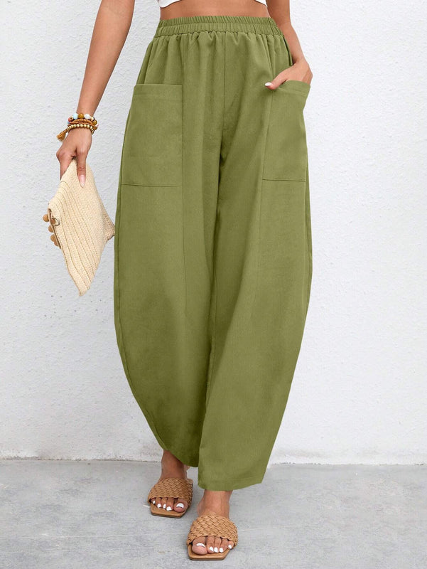 LUNE Pantalones casuales solidos de color con cintura ajustable y bolsillos