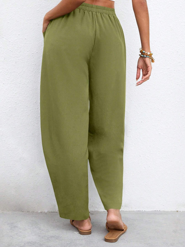 LUNE Pantalones casuales solidos de color con cintura ajustable y bolsillos
