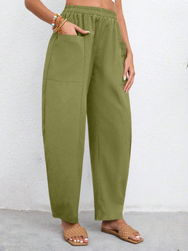 LUNE Pantalones casuales solidos de color con cintura ajustable y bolsillos