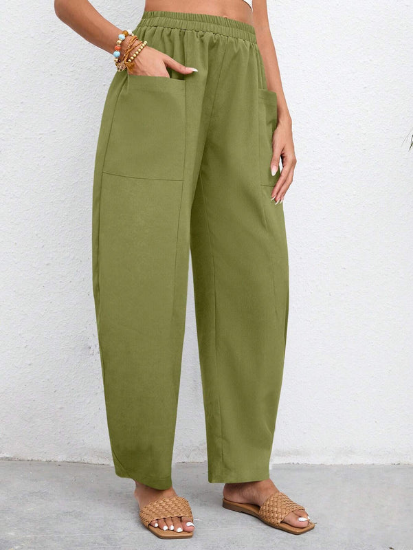 LUNE Pantalones casuales solidos de color con cintura ajustable y bolsillos
