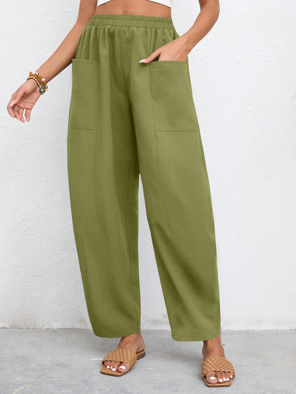 LUNE Pantalones casuales solidos de color con cintura ajustable y bolsillos