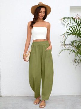 LUNE Pantalones casuales solidos de color con cintura ajustable y bolsillos