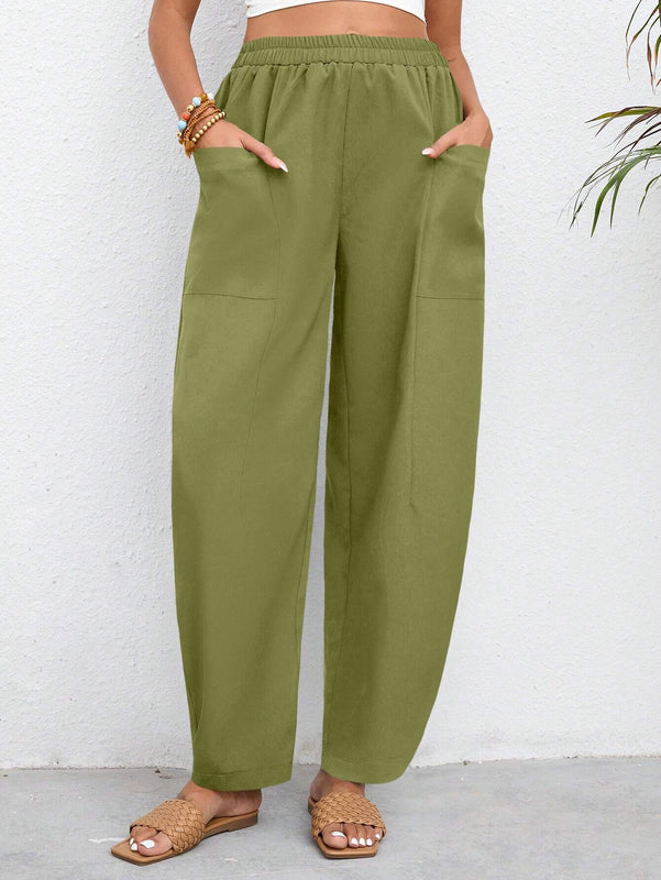 LUNE Pantalones casuales solidos de color con cintura ajustable y bolsillos